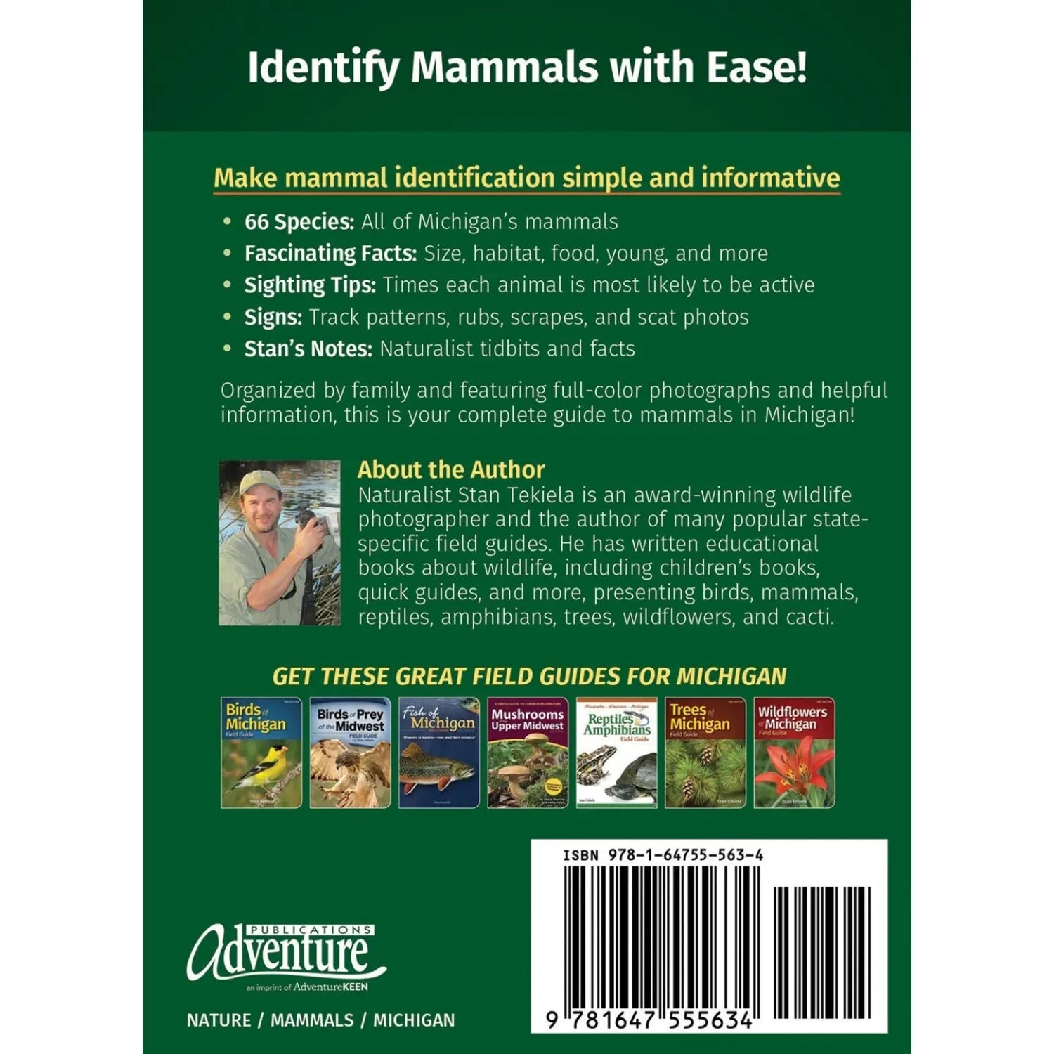 Stan Tekiela’s Mammals of Michigan Field Guide, 2nd Ed. by Stan Tekiela, back cover 