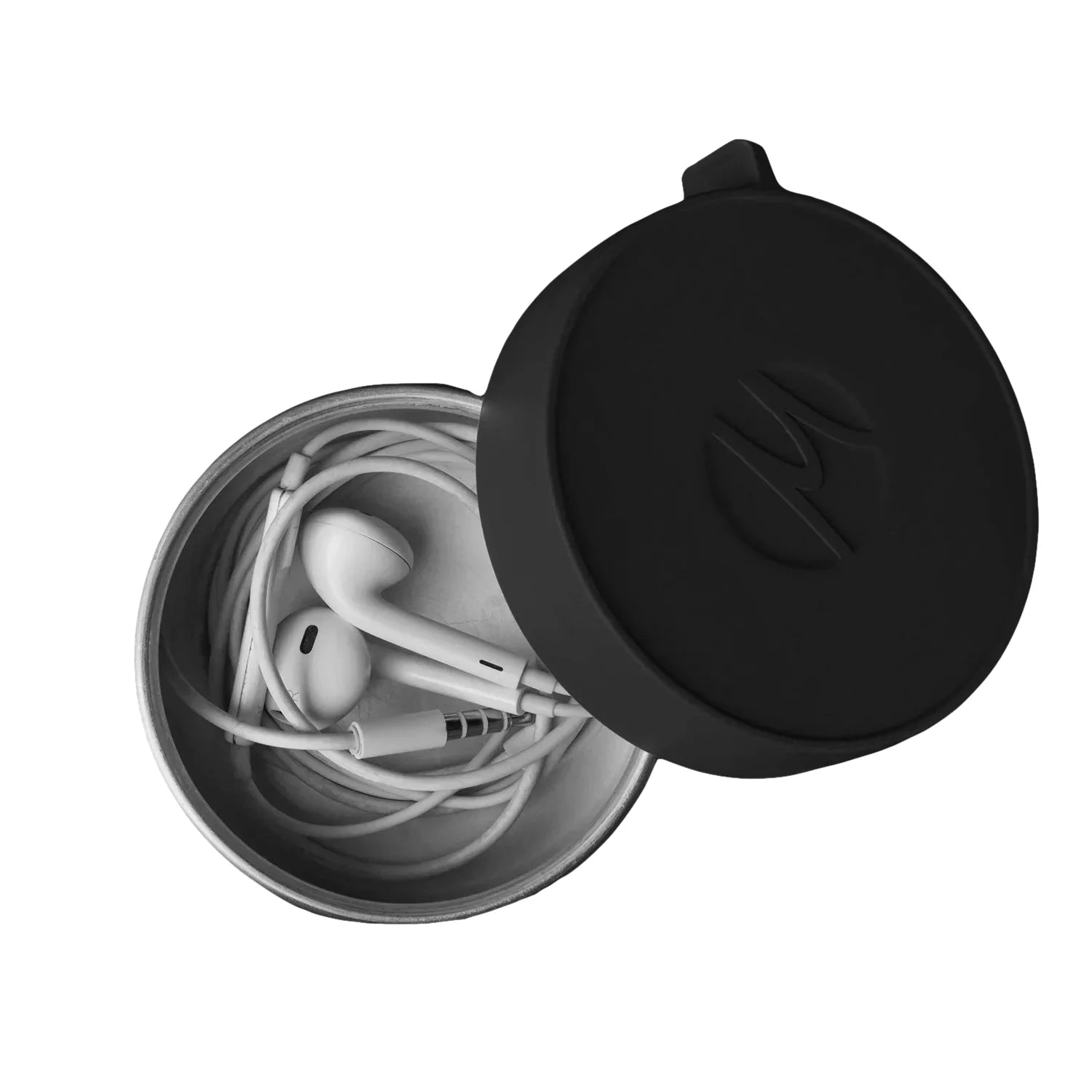 Matador Waterproof Travel Canister, Charcoal, top view with headphones