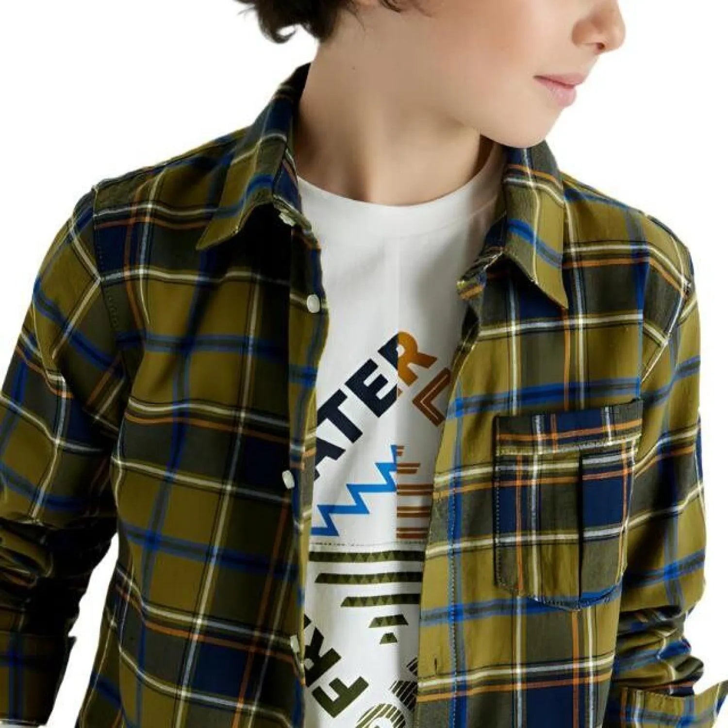 Mayoral Boy's Plaid Long Sleeve Shirt Khaki Model Collar Detail