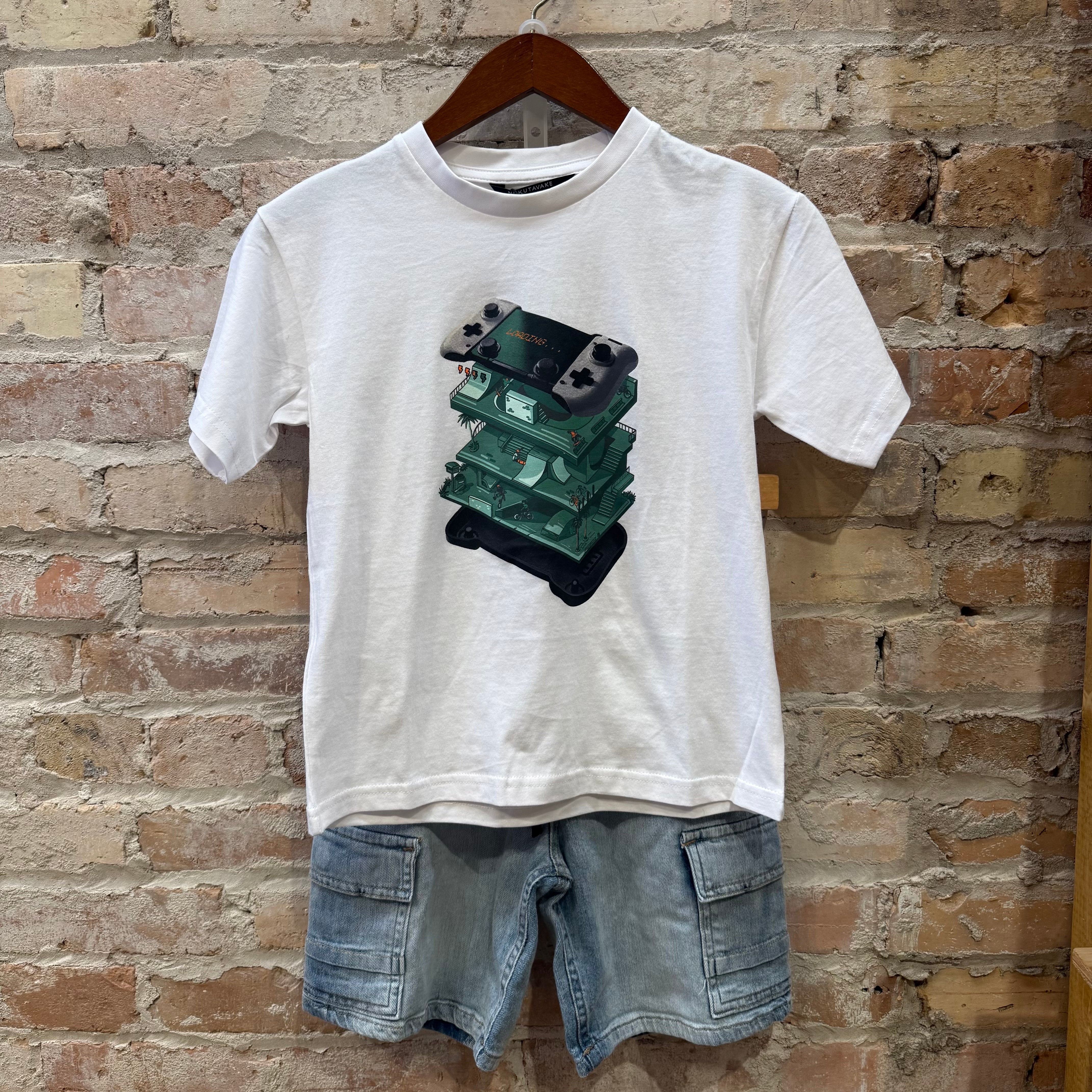 Mayoral Kids Denim Cargo Bermuda in Light Wash with t-shirt, front view flat