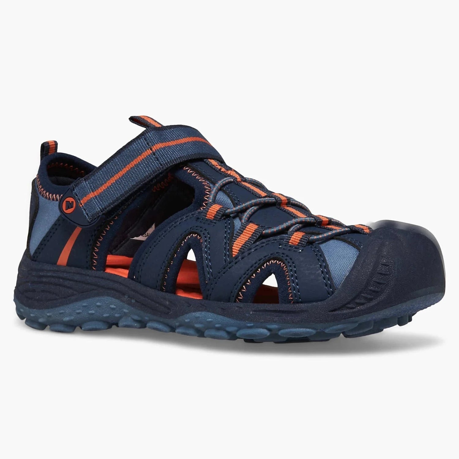 Merrell K's Hydro 2 Sandal, Navy Orange, front and side view 