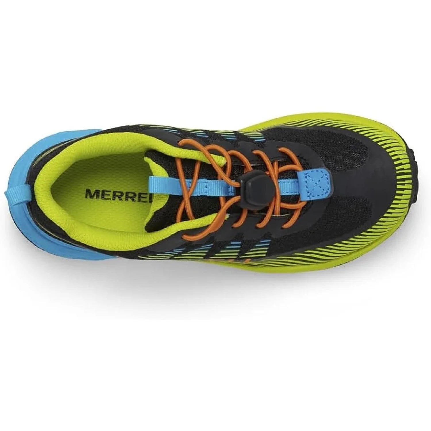 Merrell Kid's Agility Peak Athletic Shoes in black, cyan & orange, top view