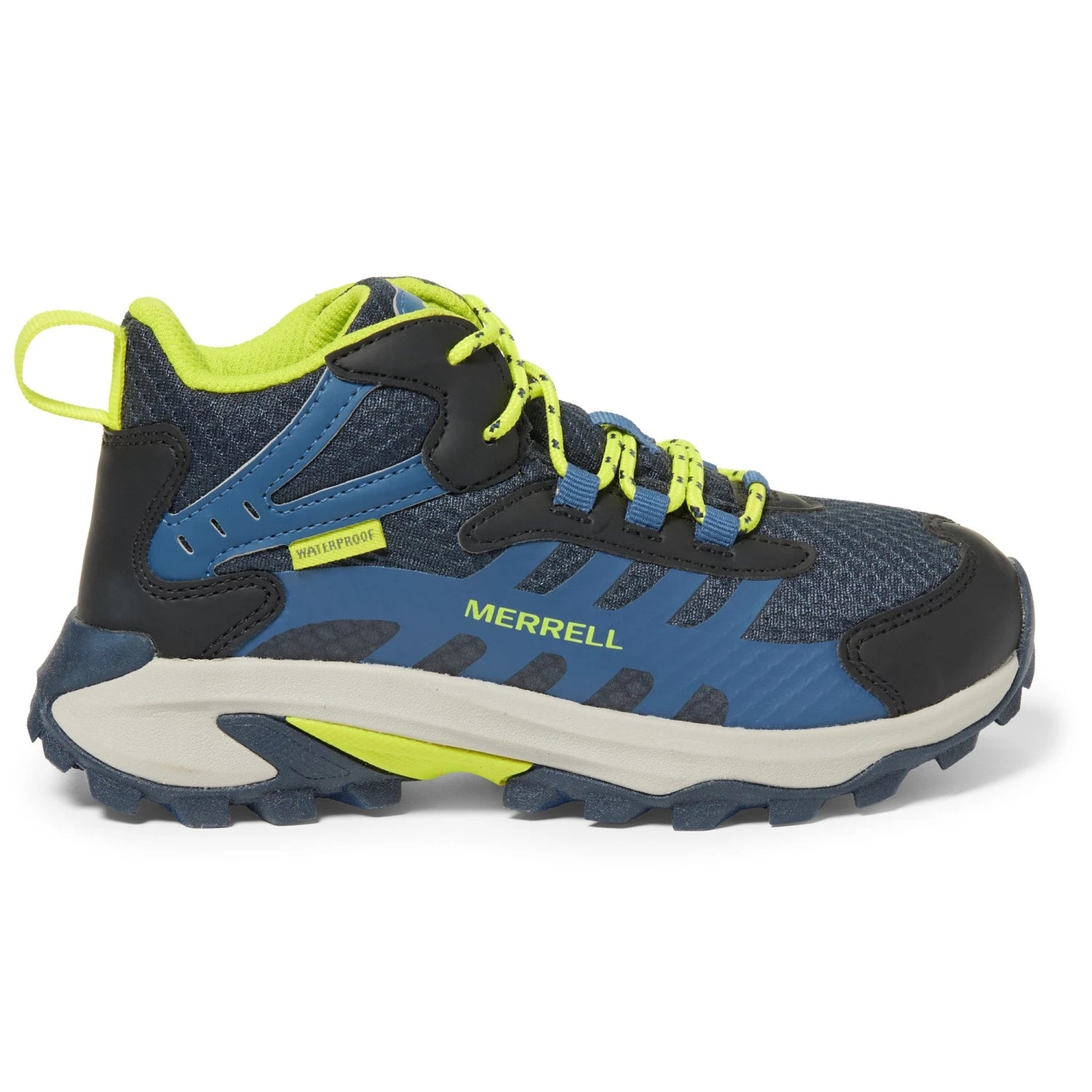 Merrell Kid's Moab Speed 2 Mid Waterproof in navy & hi-vis, side view