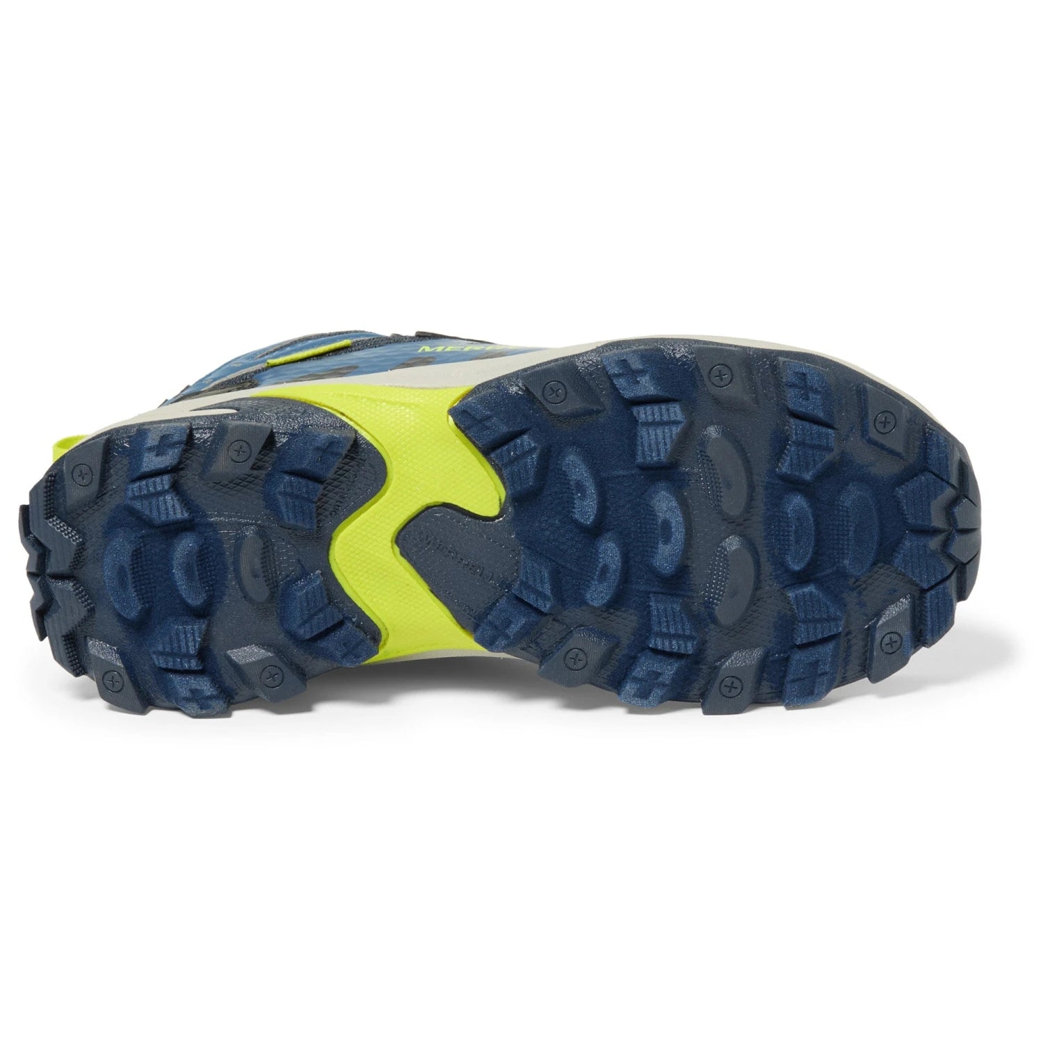 Merrell Kid's Moab Speed 2 Mid Waterproof in navy & hi-vis, sole view