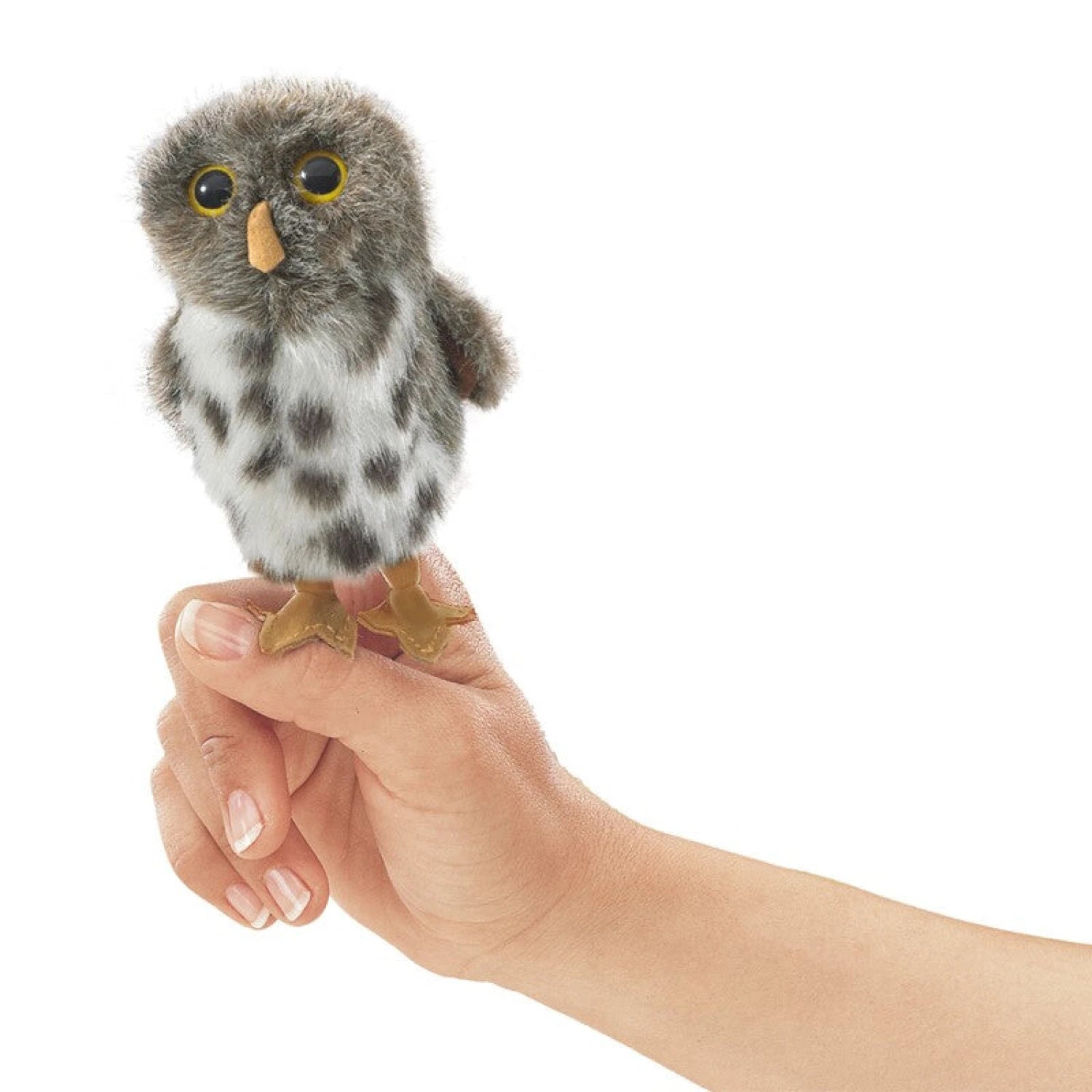 Folkmanis Mini Owl Puppet front view on hand model.