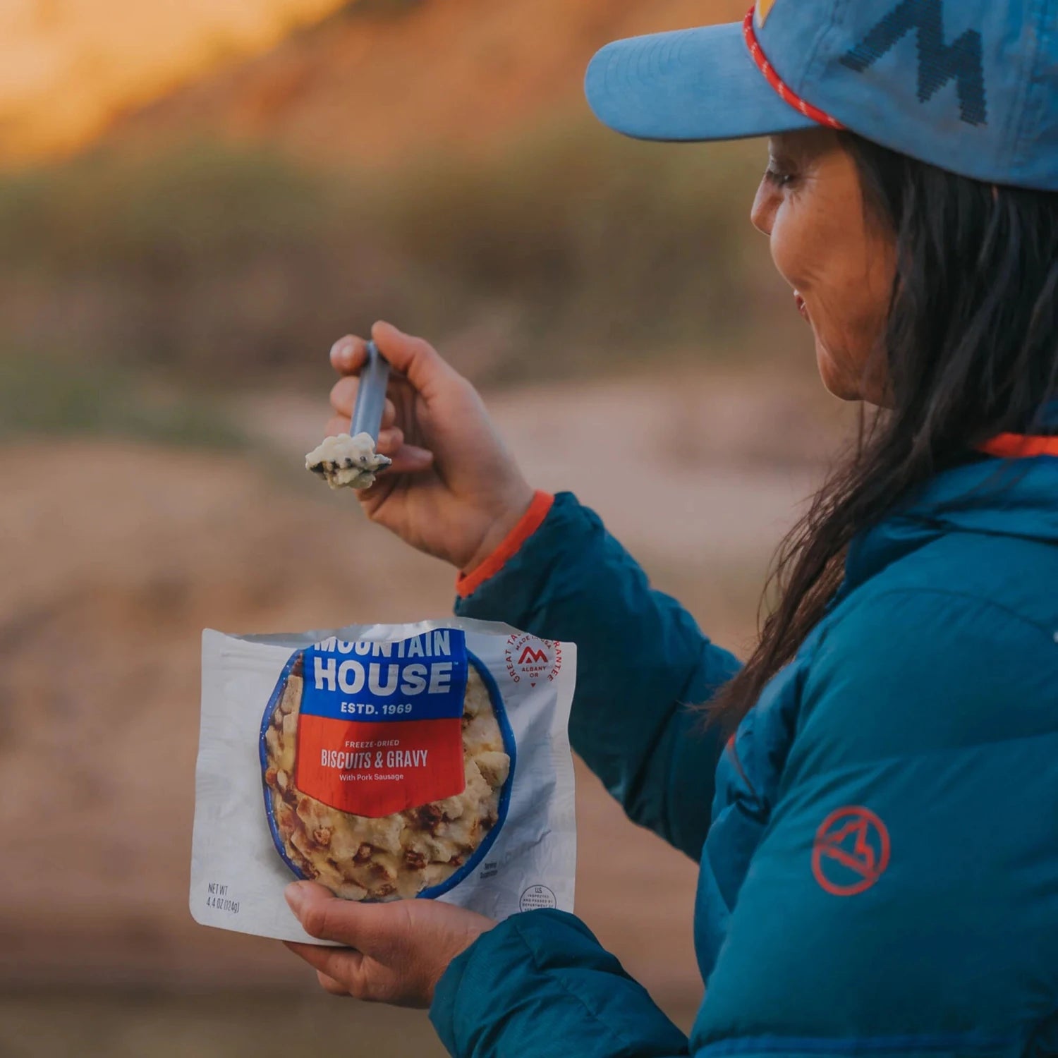 Mountain House Freeze Dried Biscuits and Gravy Pouch, lifestyle view