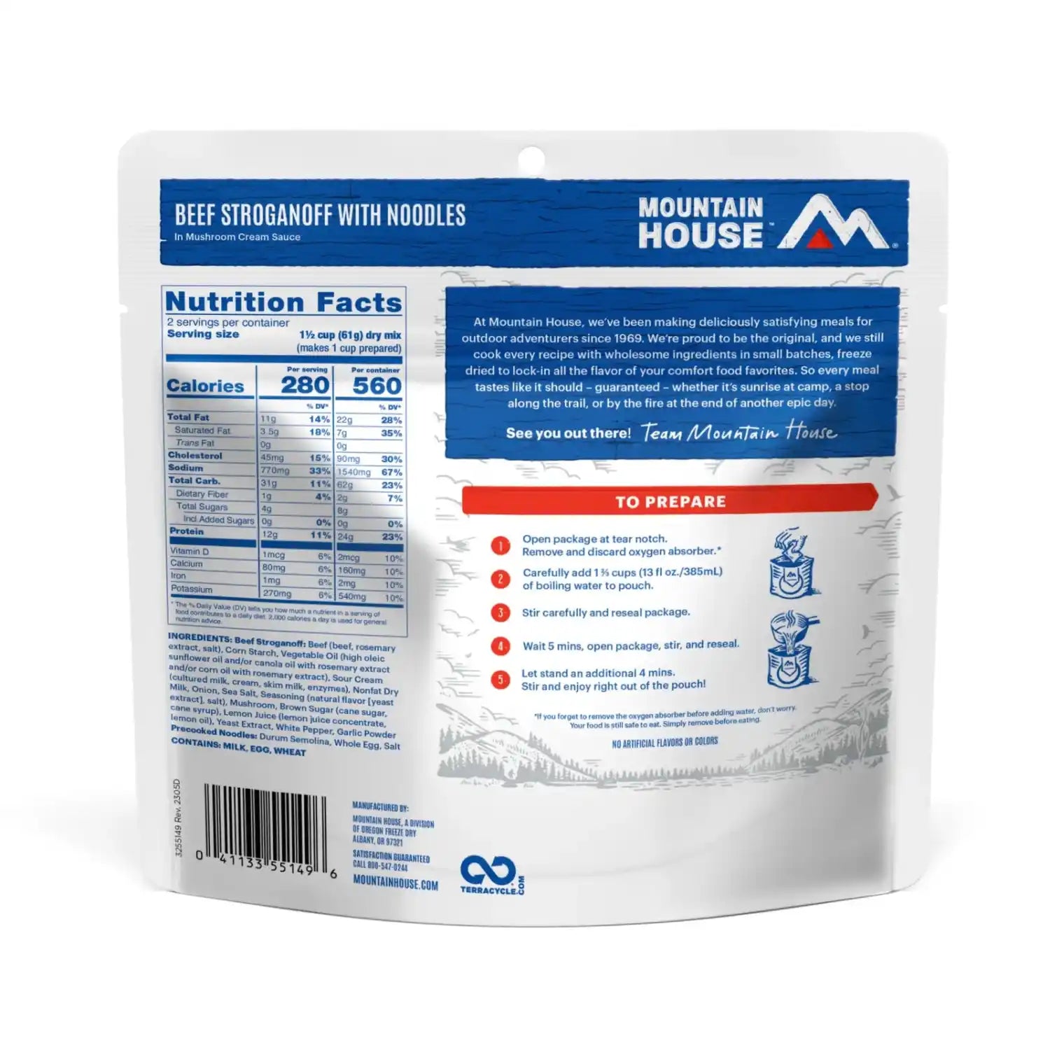 Mountain House Beef Stroganoff with Noodles, back view of package