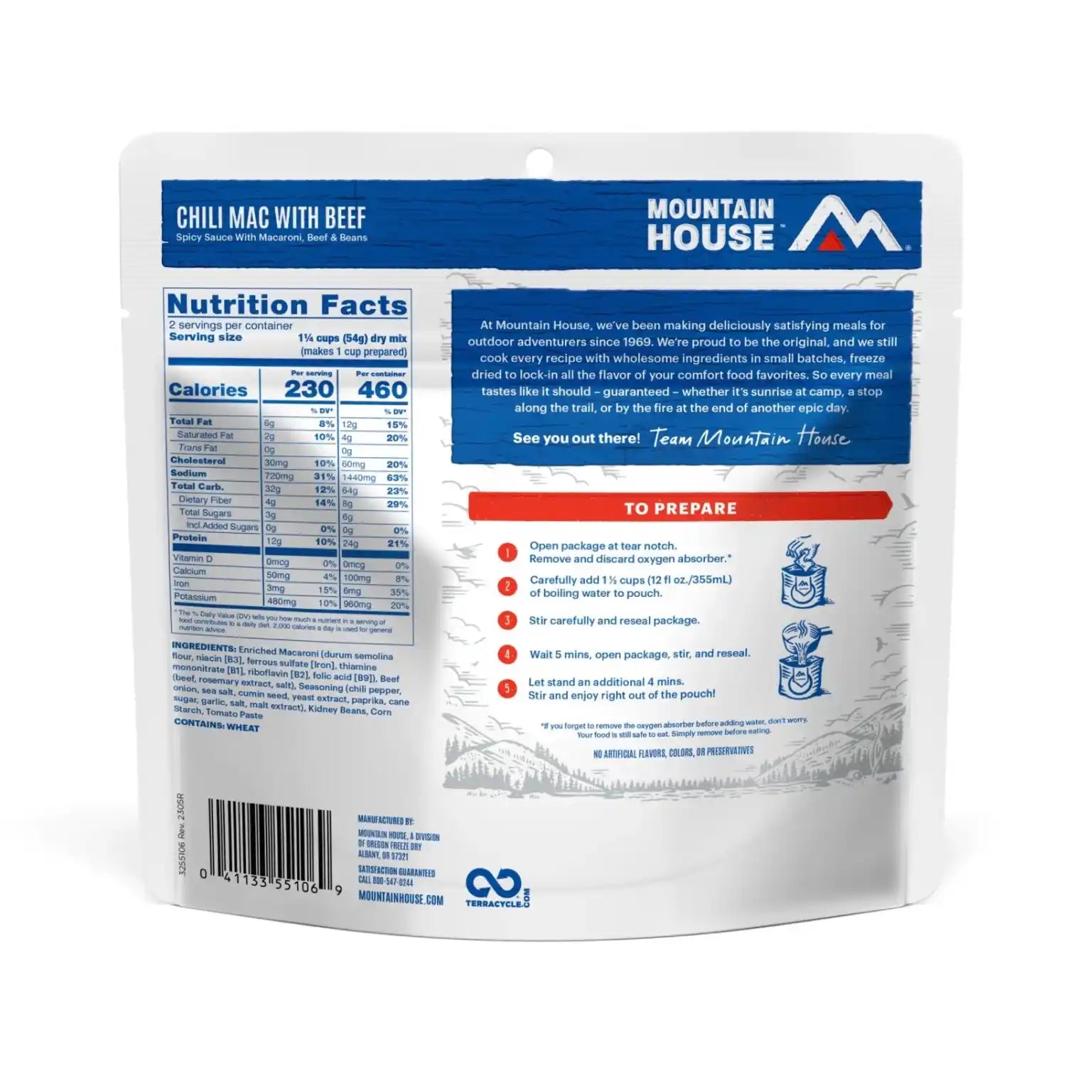 Mountain House Chili Mac with Beef, back view of package