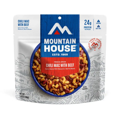 Mountain House Chili Mac with Beef, front view of package