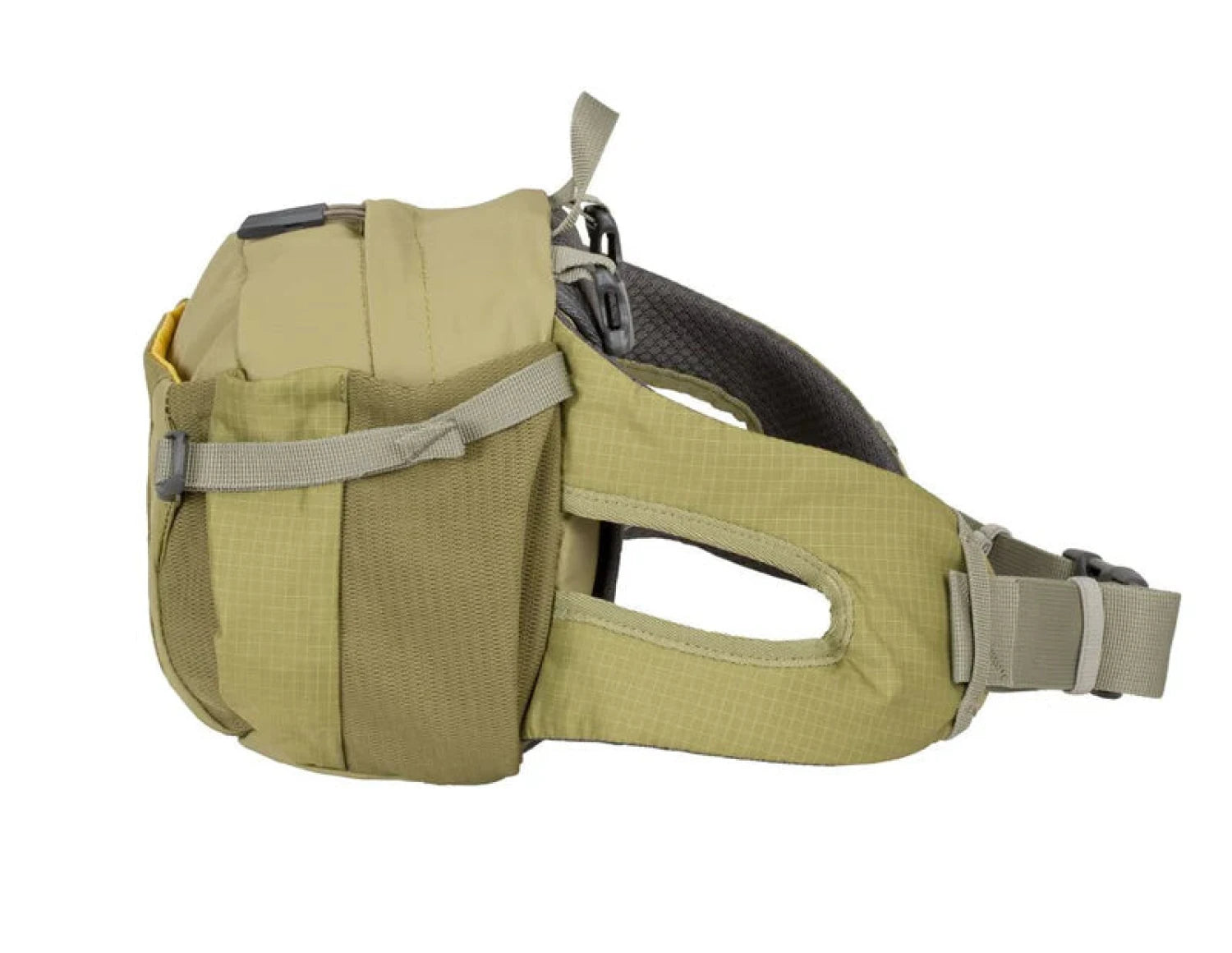 Mountainsmith 2023 Drift Lumbar Pack shown in the Olive Green color option.  Side view.