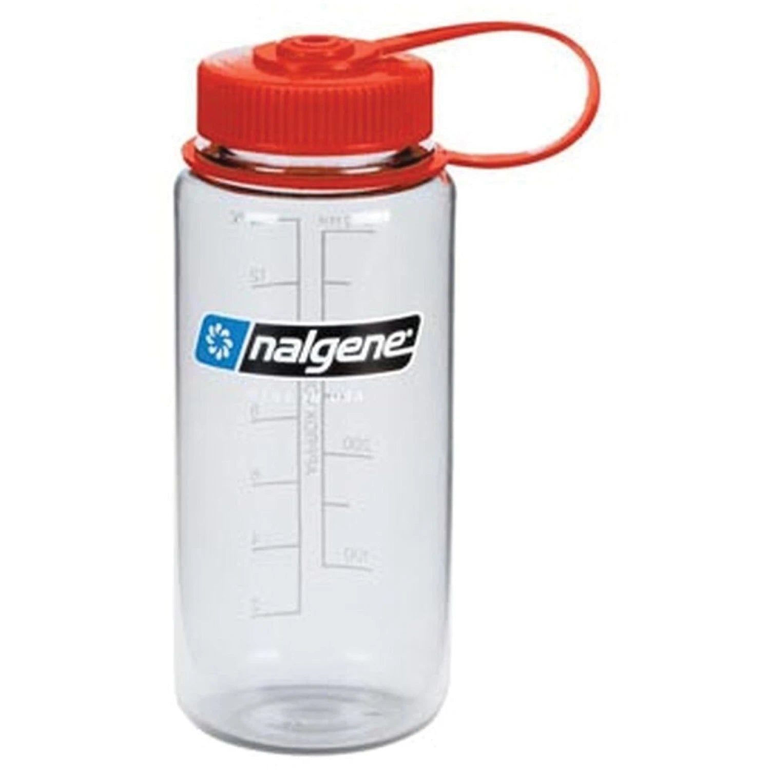 Nalgene 16oz Wide Mouth Sustain Water Bottle shown in the Clear with Red Cap color.