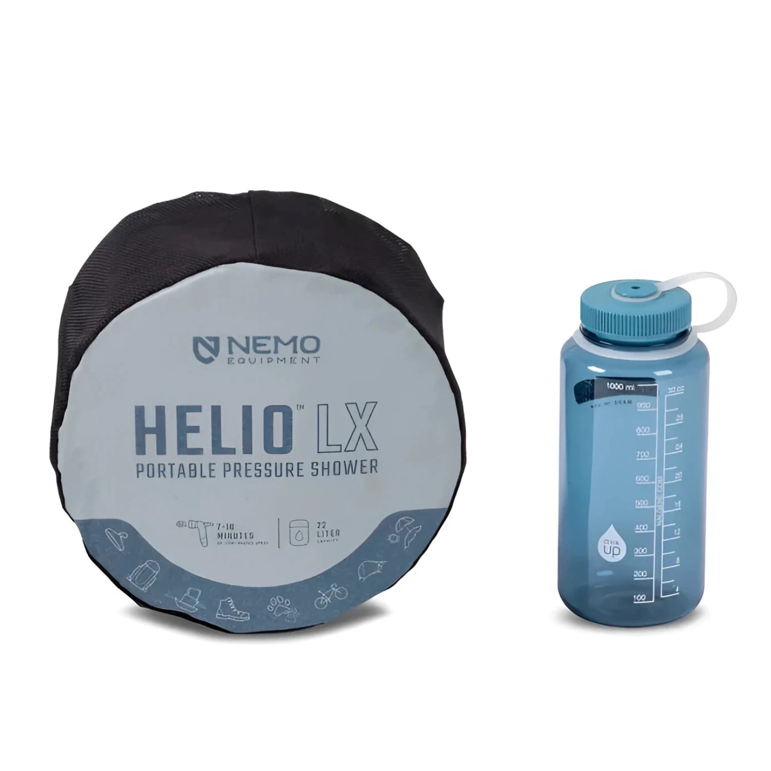NEMO Helio™ LX Portable Pressure Shower in fortress & silt, packed view