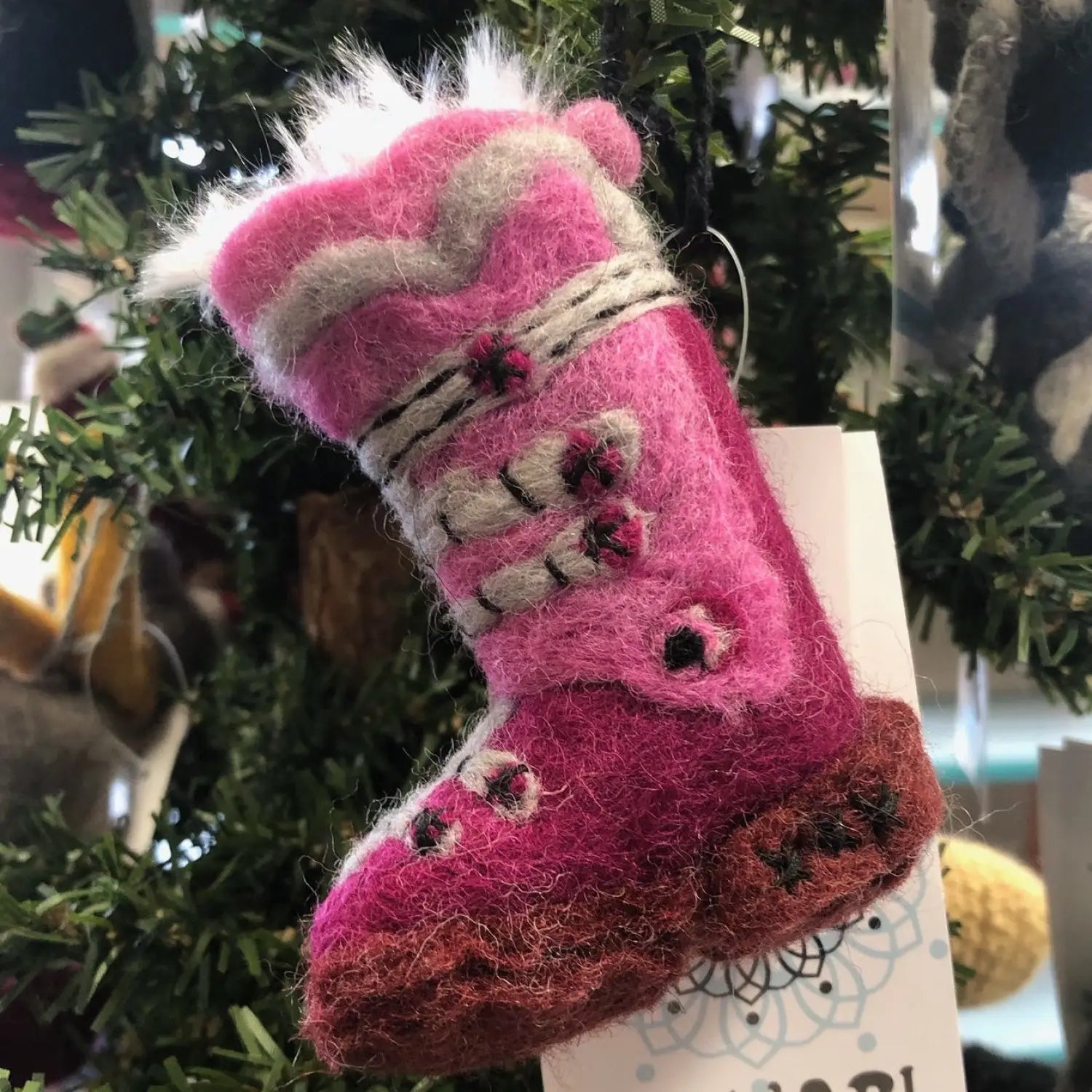 Newari Handmade Ski Boot Ornament, Pink, front view
