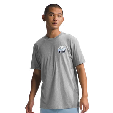 The North Face M’s Short-Sleeve Brand Proud Tee, TNF Medium Grey Heather/TNF White, front view on model