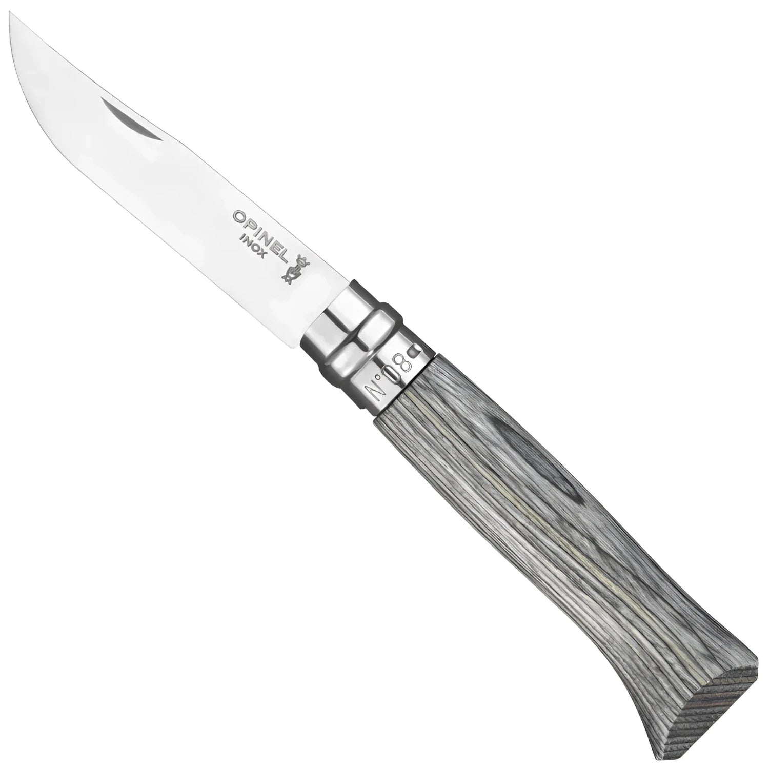 Opinel No.08 Laminated Birch Folding Knife in grey, side view open