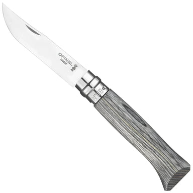 Opinel No.08 Laminated Birch Folding Knife in grey, side view open
