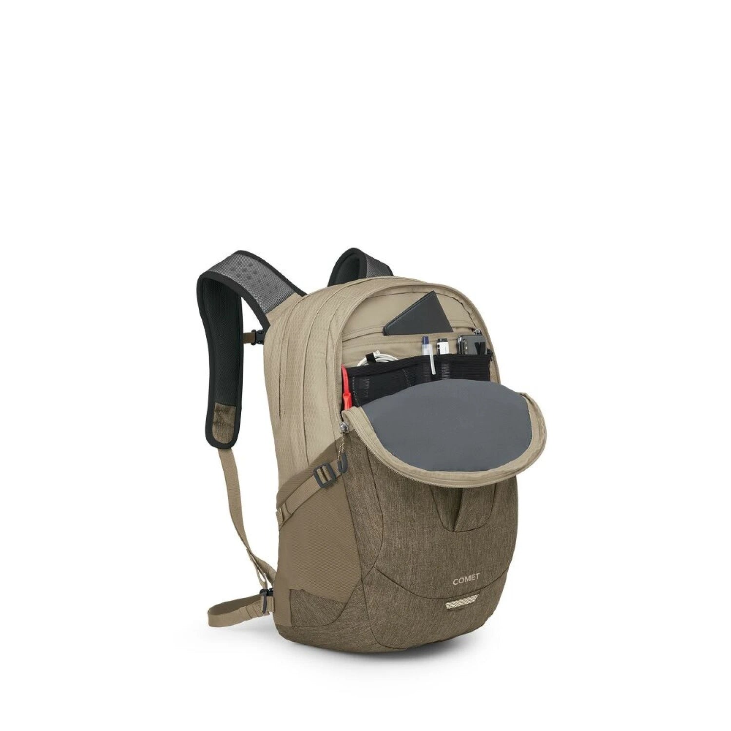 Osprey Comet 30 in Alpaca Tan Latte Brown, view of front of bag with pocket open
