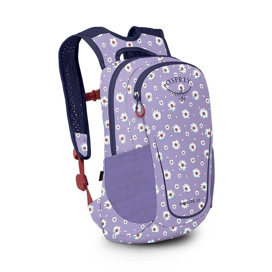 Osprey's Daylite Jr. Backack for Kids in daisy print and euphoria purple front side view