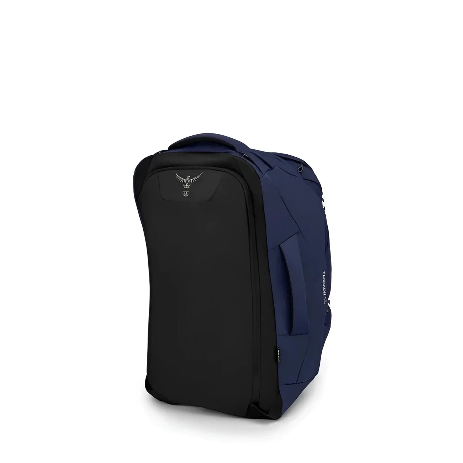Osprey Fairview™ 55 Travel Pack in winter night blue, back view straps zipped away