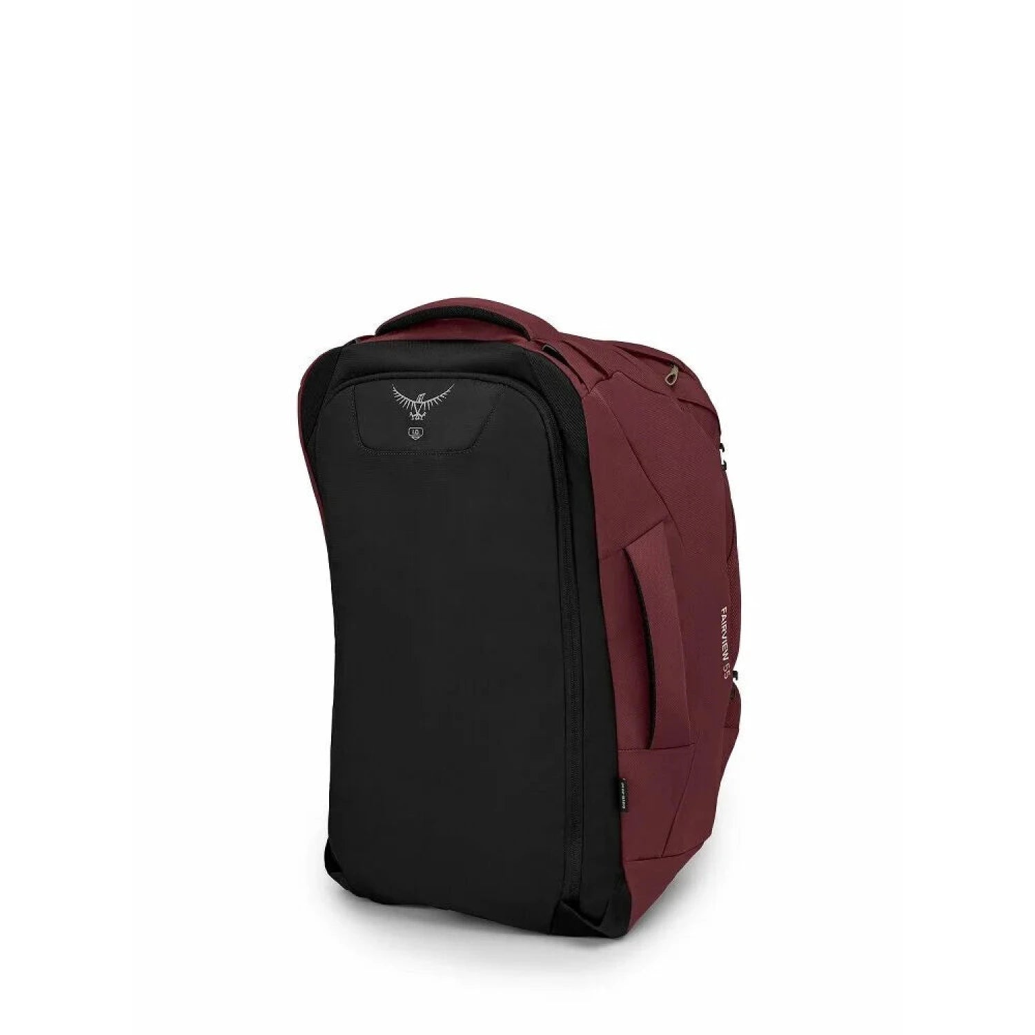 Osprey Fairview™ 55 Travel Pack in zircon red, back view straps zipped away
