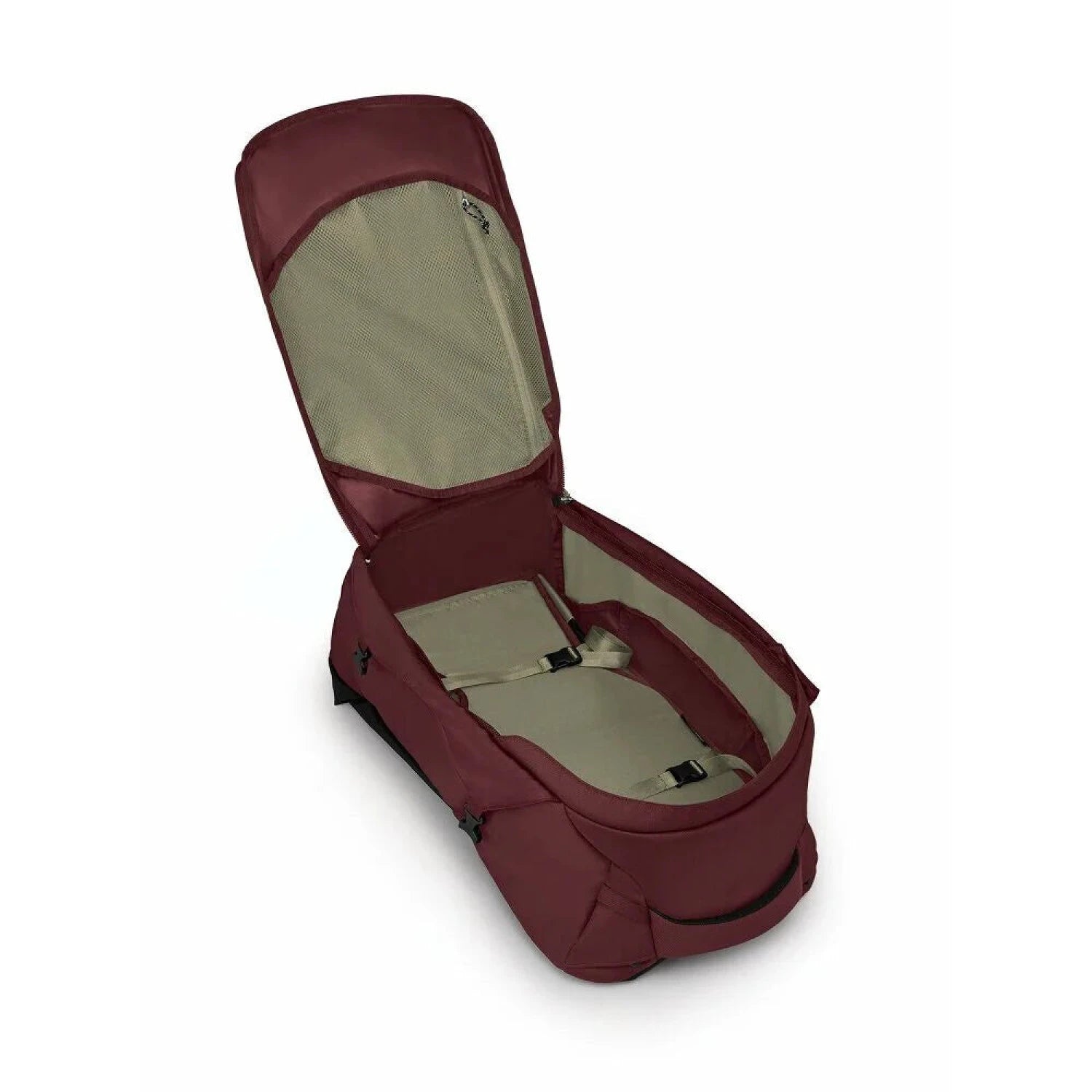 Osprey Fairview™ 55 Travel Pack in zircon red, unzipped view