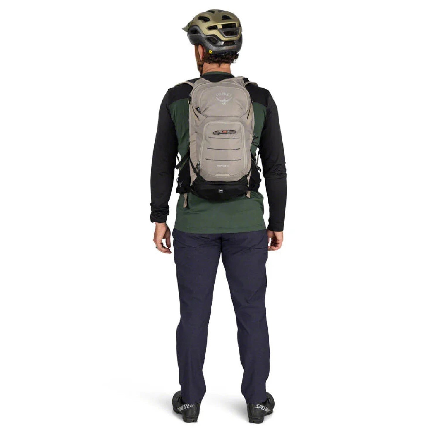 Osprey Raptor 14L Backpack with Reservoir in pediment grey, on model back view