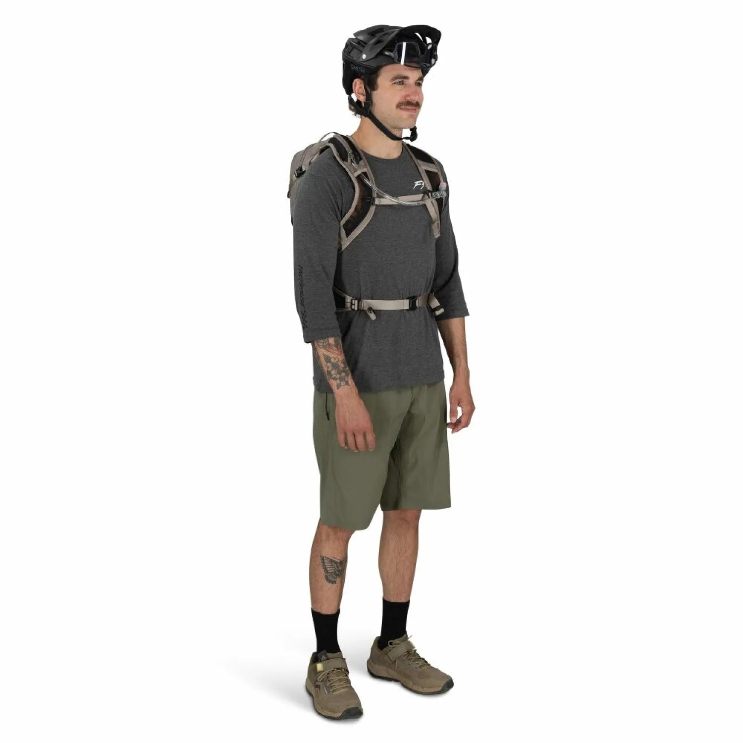 Osprey Raptor LT 12 Bike Hydration Pack in Pediment Grey Black, front view on model 