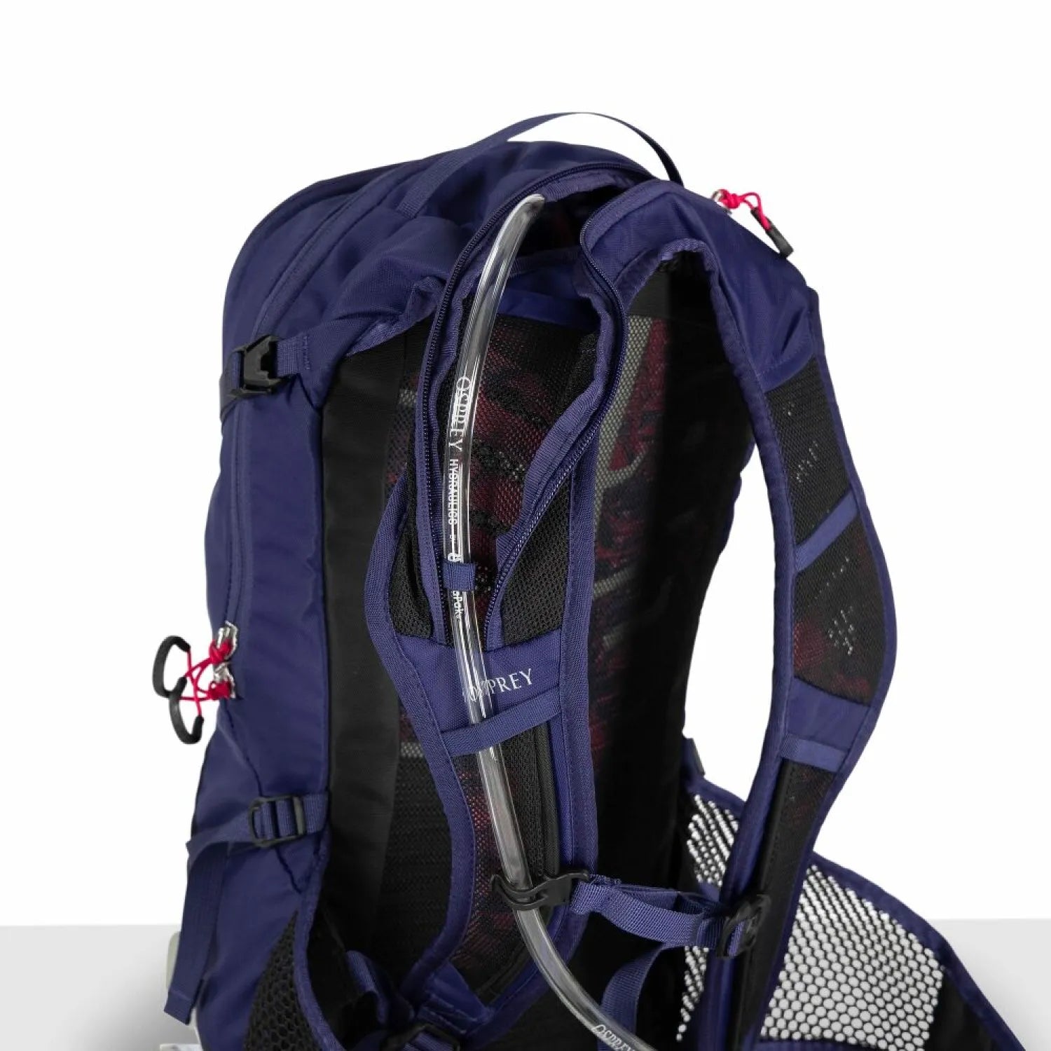 Osprey Raven LT 12 Bike Hydration Pack in Deep Fig Black, view of straw