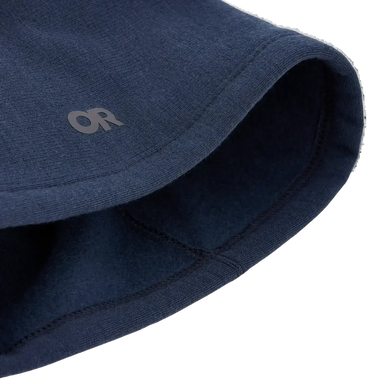 Close-up of a navy blue fabric with a logo on a white background