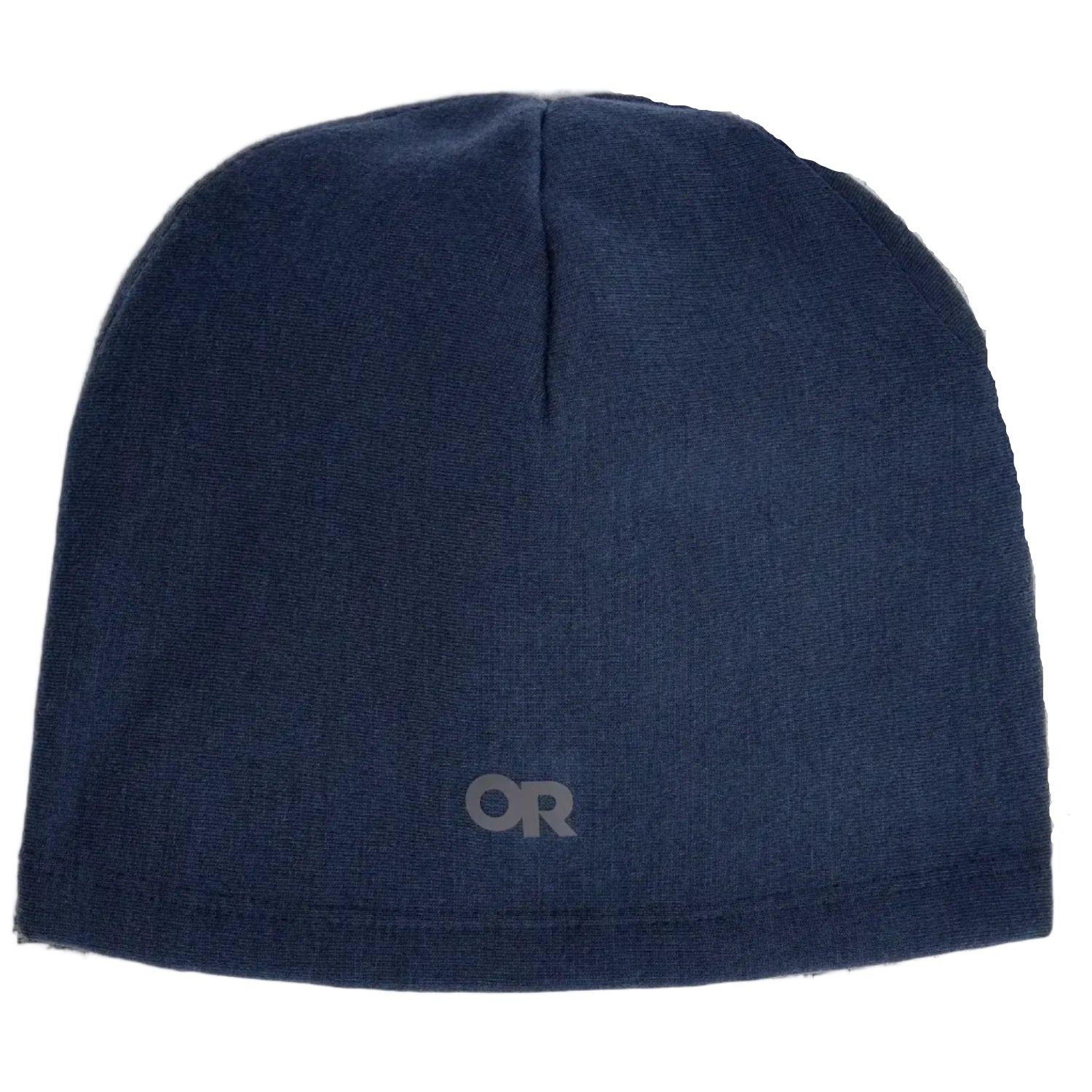 Navy blue beanie with a brand logo on a white background