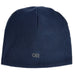 Navy blue beanie with a brand logo on a white background