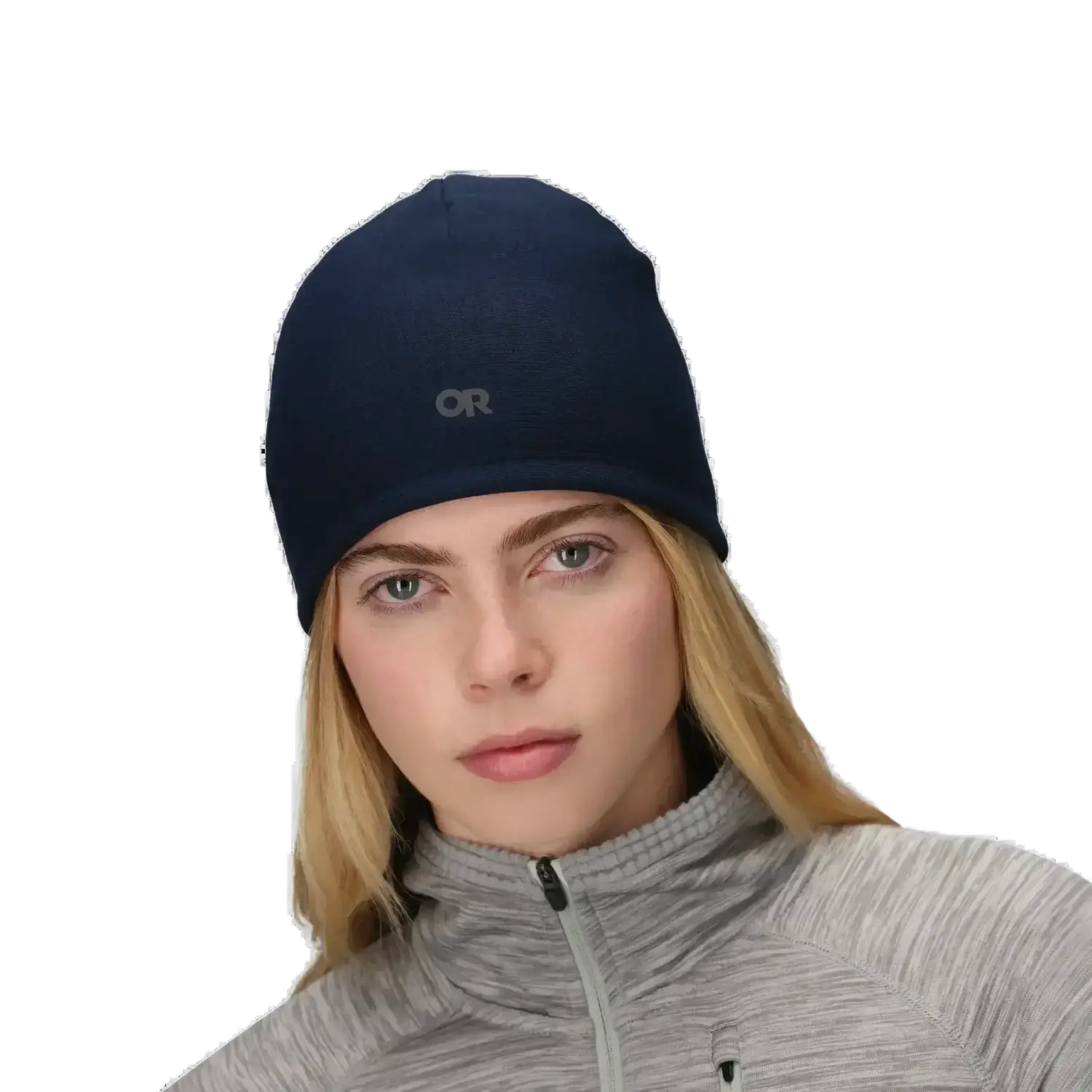 Person wearing a navy beanie with a logo 