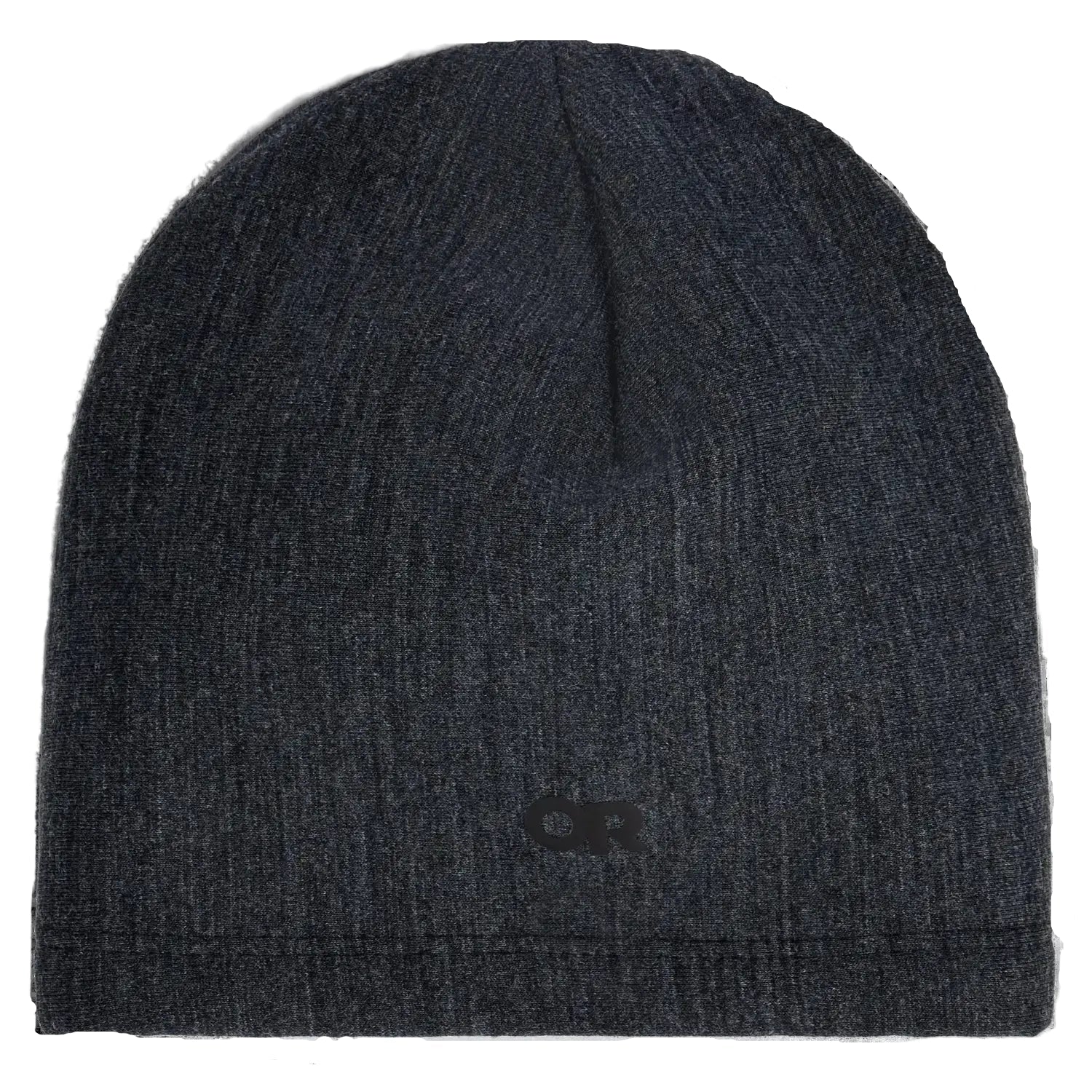 Dark gray knit beanie with a brand logo on a white background