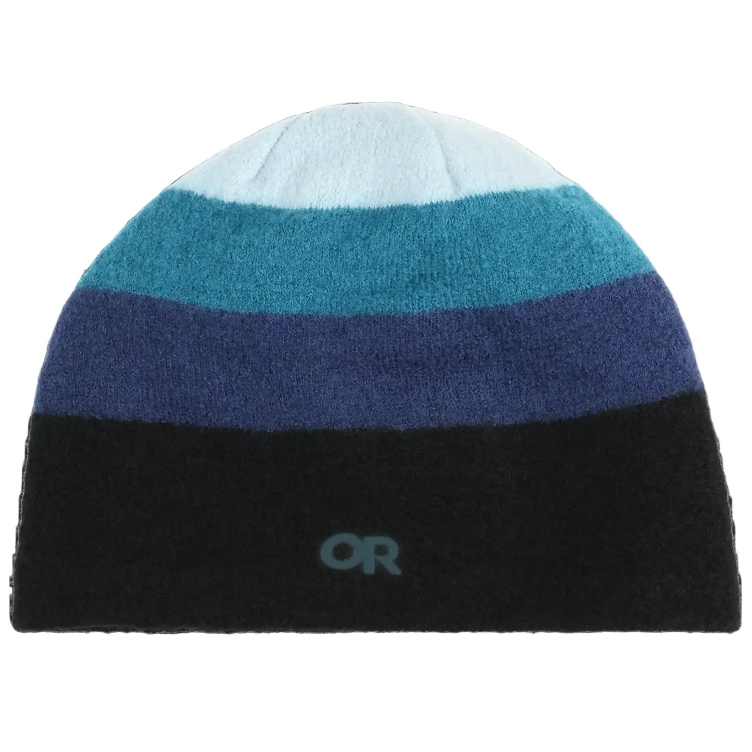 Multicolored striped beanie with a brand logo on a white background
