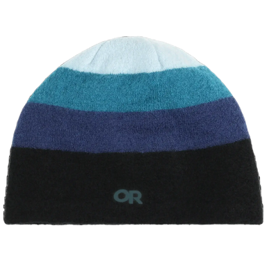 Multicolored striped beanie with a brand logo on a white background