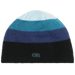 Multicolored striped beanie with a brand logo on a white background