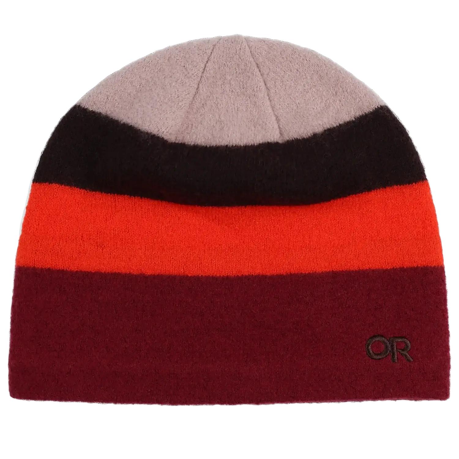 Multicolored beanie with striped pattern and 'OR' logo on a white background