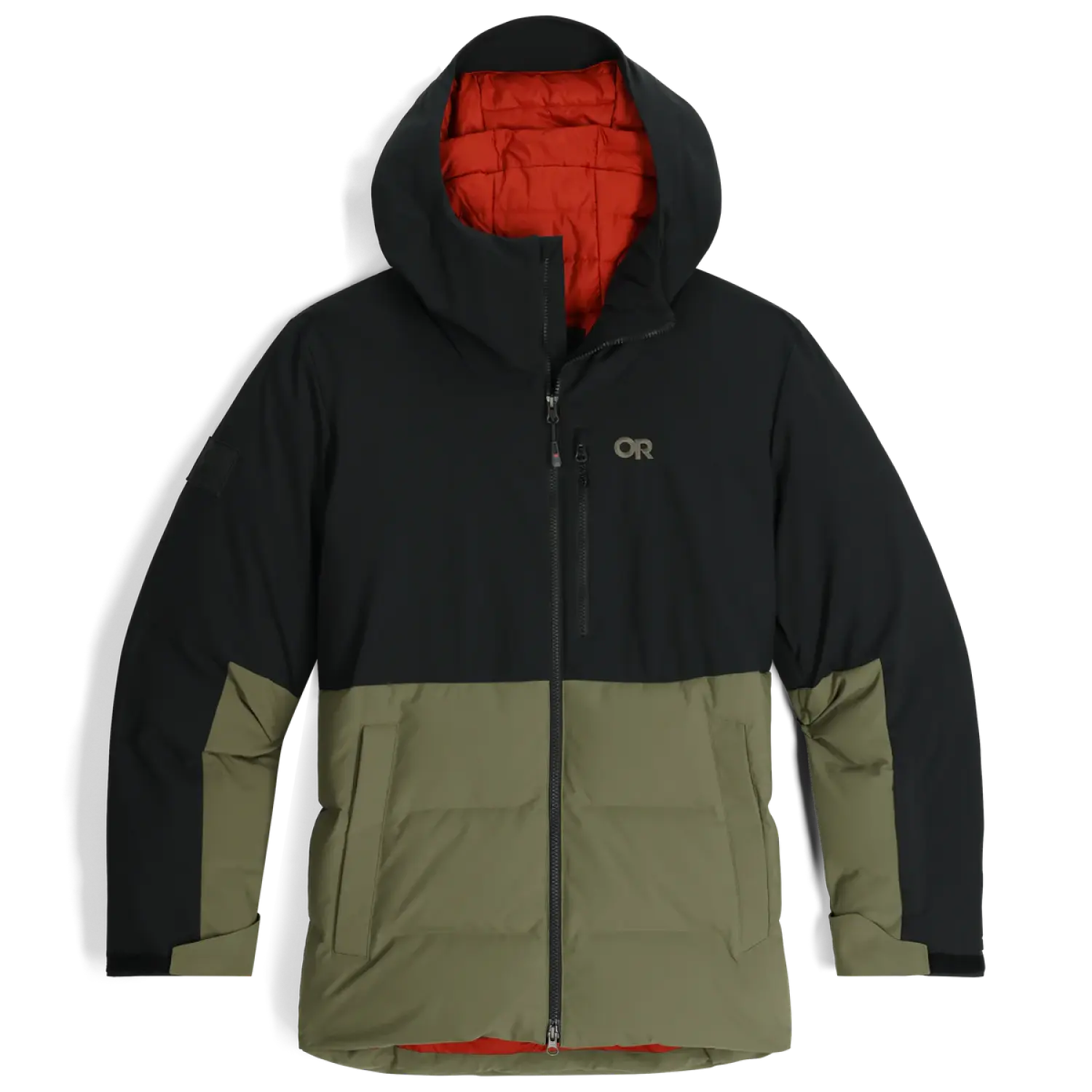 Outdoor Research Men's Snowcrew Down Jacket shown in the Black/Ranger Green color option. Front view, flat.