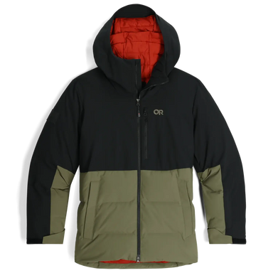 Outdoor Research Men's Snowcrew Down Jacket shown in the Black/Ranger Green color option. Front view, flat.