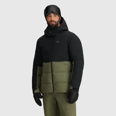 Outdoor Research Men's Snowcrew Down Jacket shown in the Black/Ranger Green color option. Front view on model.