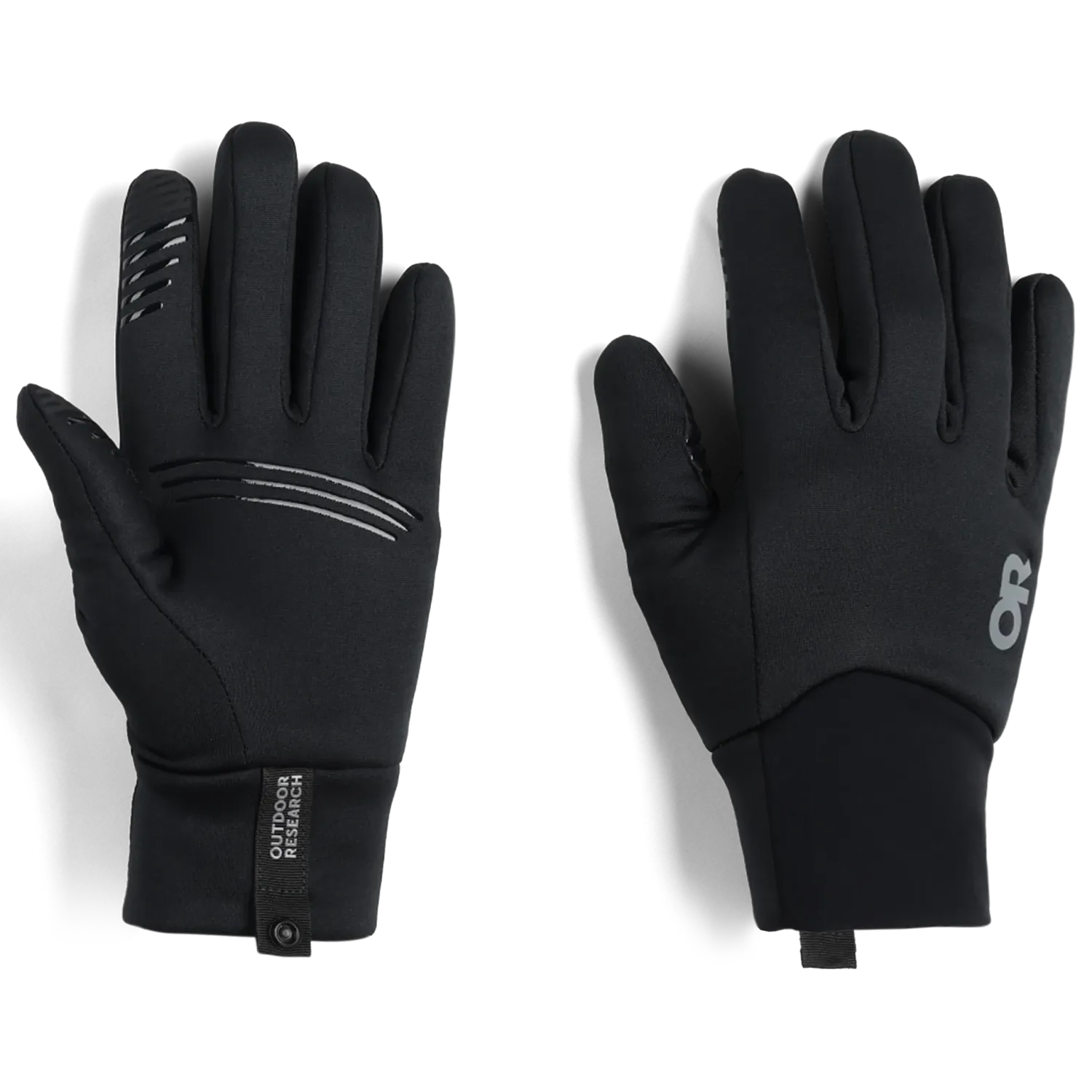 Pair of black gloves with brand logo on a white background