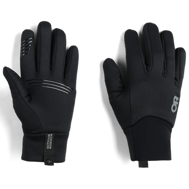 Pair of black gloves with brand logo on a white background