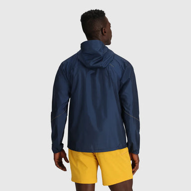 Outdoor Research Men's Helium Rain Ultralight Jacket shown in the Cenote color option. Shown on model, back view.