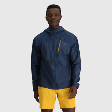 Outdoor Research Men's Helium Rain Ultralight Jacket shown in the Cenote color option. Shown on model, front view.