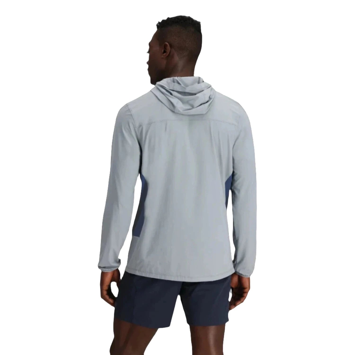 Outdoor Research Men's Astroman Air Sun Hoodie shown in the Slate/Cenote color option. Back view on model.