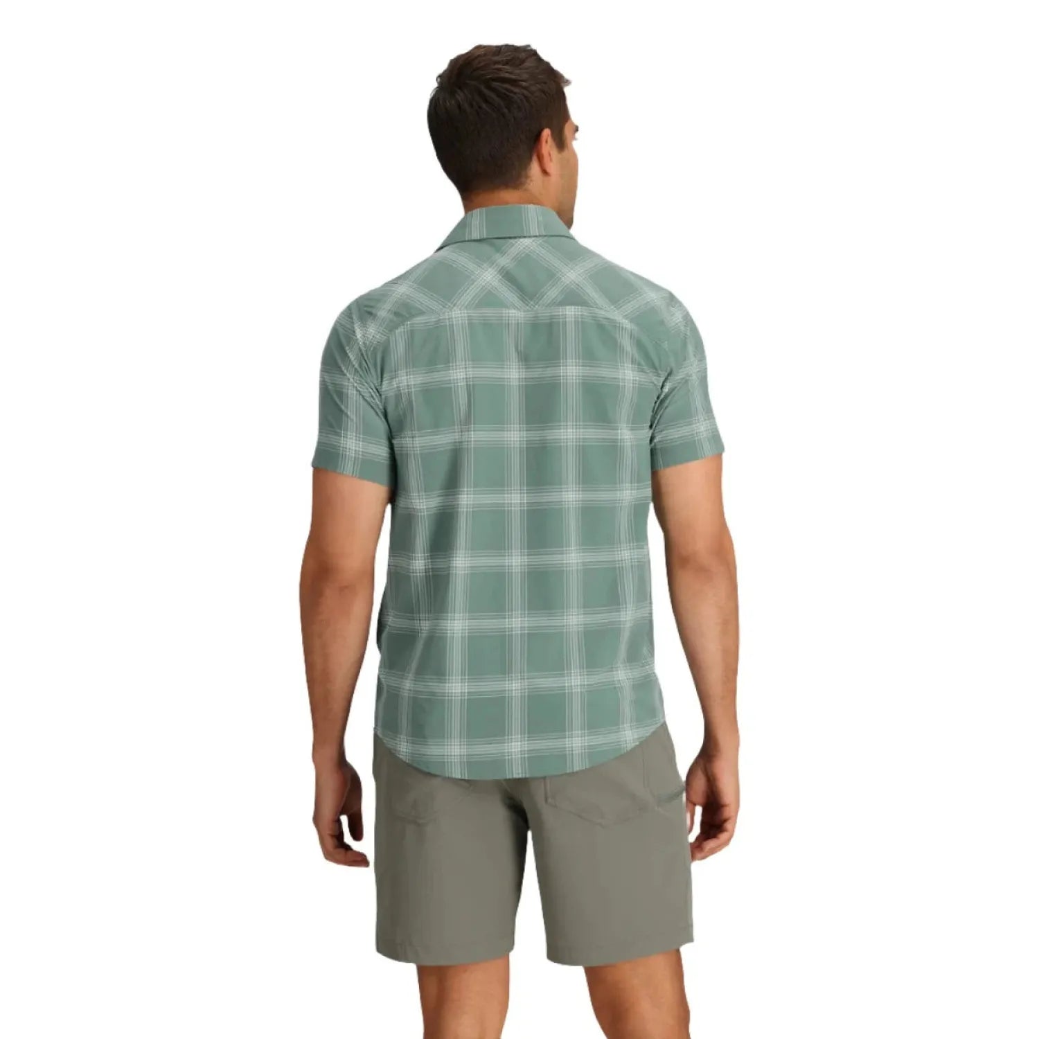 Outdoor Research Men's Astroman Short Sleeve Sun Shirt shown in the Balsam Plaid color option. Back view