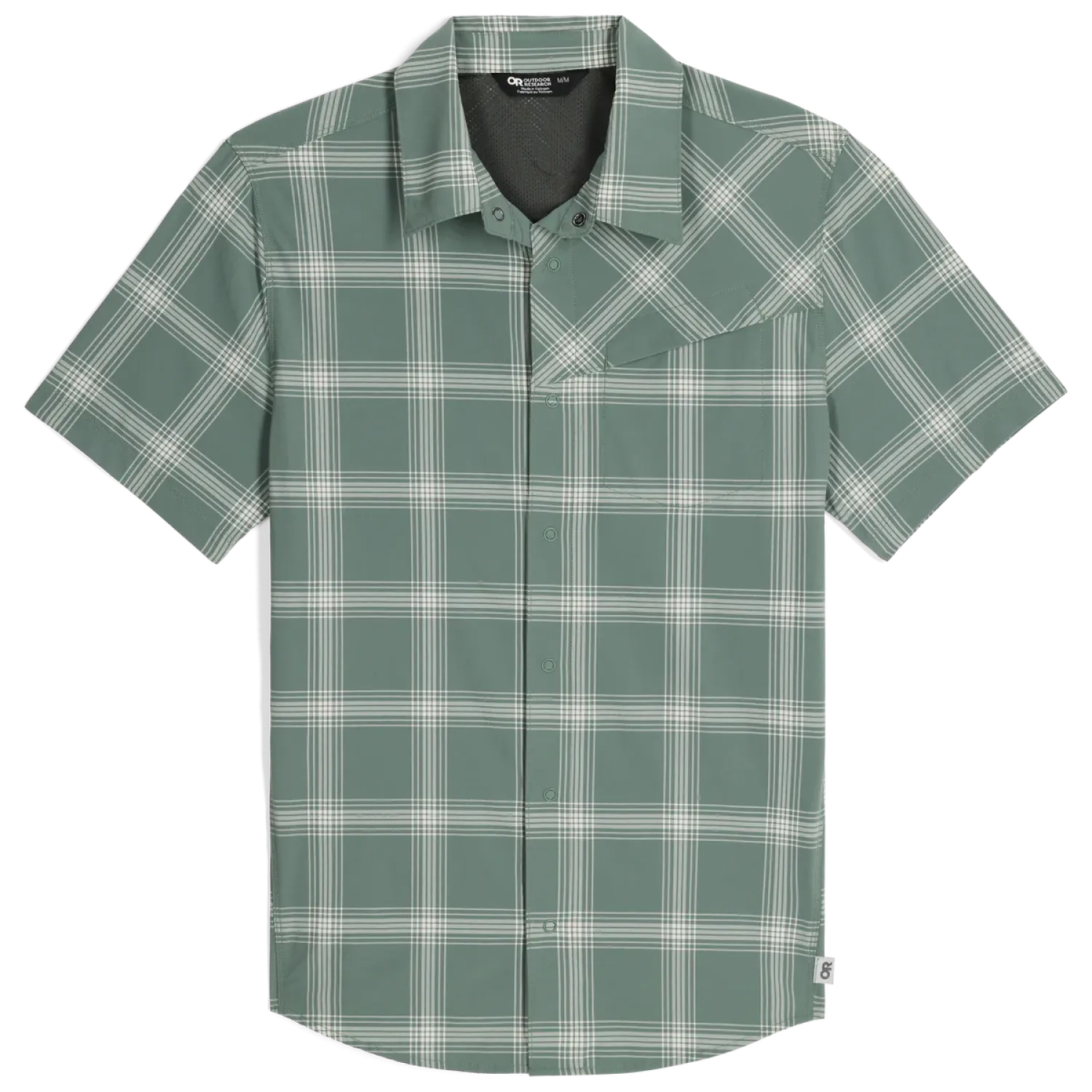 Outdoor Research Men's Astroman Short Sleeve Sun Shirt shown in the Balsam Plaid color option. Front view flat.