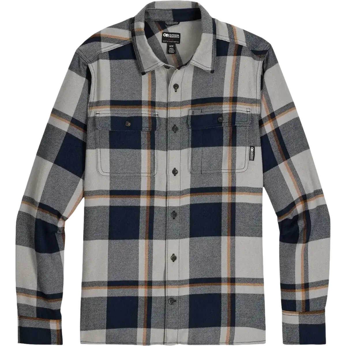 Outdoor Research Men's Feedback Flannel Twill Shirt in dark navy plaid, flat front view