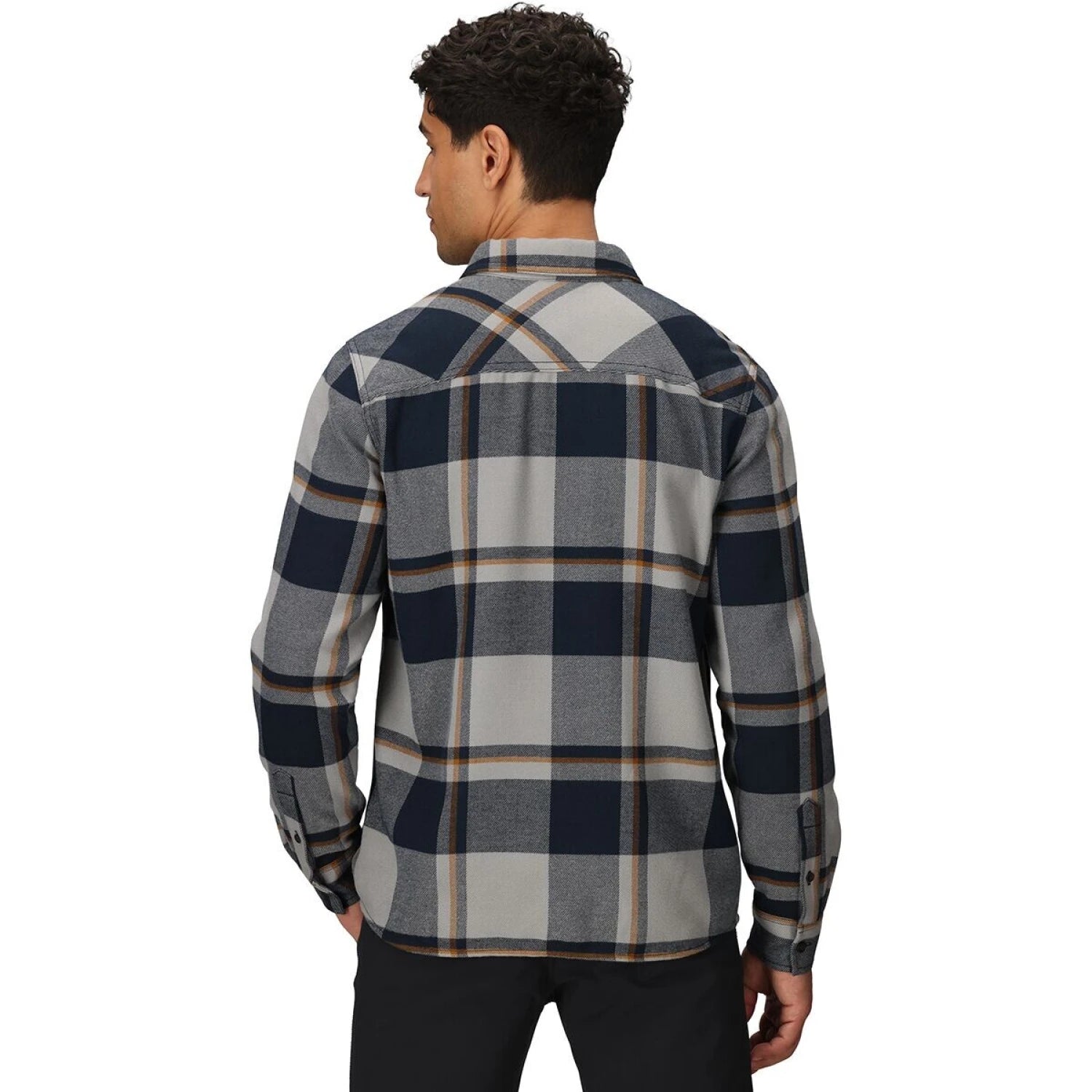 Outdoor Research Men's Feedback Flannel Twill Shirt in dark navy plaid, on model back view