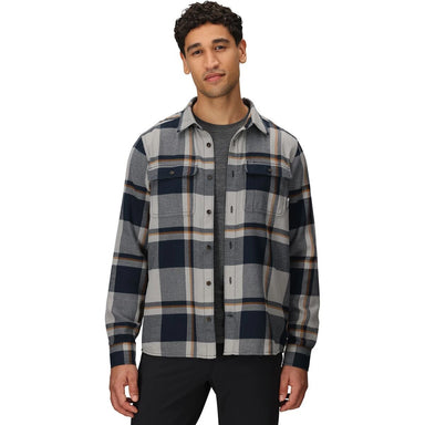 Outdoor Research Men's Feedback Flannel Twill Shirt in dark navy plaid, on model front view